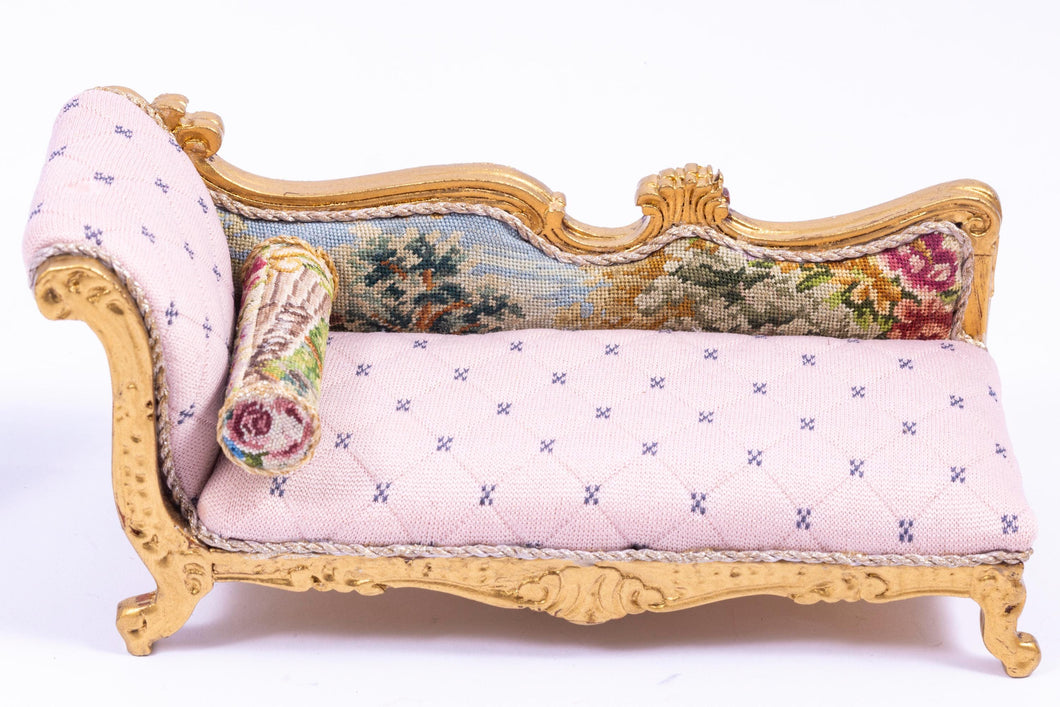 Dollhouse Miniature ~ Pink Needlepoint Chaise Lounge Gold Painted Accents Signed Artisan Made