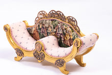 Load image into Gallery viewer, Dollhouse Miniature ~ Pink Unique Two Seater Sofa with Needlepoint Royal Scene with Gold Painted Accents Artisan Made
