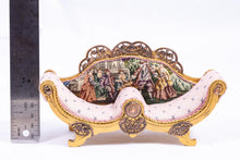 Load image into Gallery viewer, Dollhouse Miniature ~ Pink Unique Two Seater Sofa with Needlepoint Royal Scene with Gold Painted Accents Artisan Made
