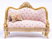 Load image into Gallery viewer, Dollhouse Miniature ~ Pink Sofa with Needlepoint Pillow Ornate Versailles French Boudoir Artisan Made Gold Painted Accents
