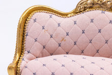 Load image into Gallery viewer, Dollhouse Miniature ~ Pink Sofa with Needlepoint Pillow Ornate Versailles French Boudoir Artisan Made Gold Painted Accents
