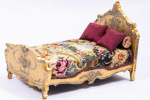 Load image into Gallery viewer, Dollhouse Miniature ~ Needlepoint Double Bed &amp; Long Pillow with Gold Color Painted Wooden Bed Frame and Two Red Silk Pillows Artisan Made
