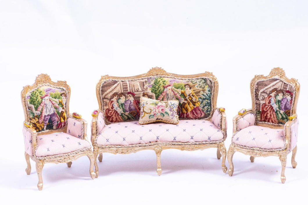 Dollhouse Miniature ~ 3 Piece Pink Needlepoint Sofa & 2 Chairs Set French Versailles Boudoir Artisan Made Gold Painted