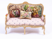 Load image into Gallery viewer, Dollhouse Miniature ~ 3 Piece Pink Needlepoint Sofa &amp; 2 Chairs Set French Versailles Boudoir Artisan Made Gold Painted
