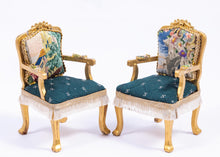 Load image into Gallery viewer, Dollhouse Miniature ~ 3 Piece Needlepoint Sofa &amp; 2 Chairs Emerald Green Set French Versailles Boudoir Artisan Made Gold Painted
