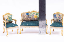 Load image into Gallery viewer, Dollhouse Miniature ~ 3 Piece Needlepoint Sofa &amp; 2 Chairs Emerald Green Set French Versailles Boudoir Artisan Made Gold Painted
