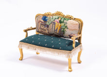 Load image into Gallery viewer, Dollhouse Miniature ~ 3 Piece Needlepoint Sofa &amp; 2 Chairs Emerald Green Set French Versailles Boudoir Artisan Made Gold Painted
