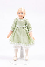 Load image into Gallery viewer, Dollhouse Miniature ~ Bleach Blonde Little Girl Doll in Green Dress with White Lace Collar Debra Hammond Artisan Made
