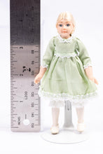 Load image into Gallery viewer, Dollhouse Miniature ~ Bleach Blonde Little Girl Doll in Green Dress with White Lace Collar Debra Hammond Artisan Made
