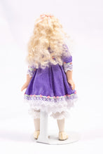 Load image into Gallery viewer, Dollhouse Miniature ~ Long Hair Bleach Blonde Little Girl Doll in Purple Dress with White Lace Collar Debra Hammond Artisan Made
