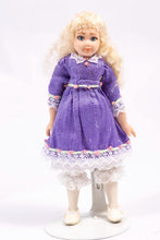 Load image into Gallery viewer, Dollhouse Miniature ~ Long Hair Bleach Blonde Little Girl Doll in Purple Dress with White Lace Collar Debra Hammond Artisan Made
