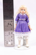 Load image into Gallery viewer, Dollhouse Miniature ~ Long Hair Bleach Blonde Little Girl Doll in Purple Dress with White Lace Collar Debra Hammond Artisan Made
