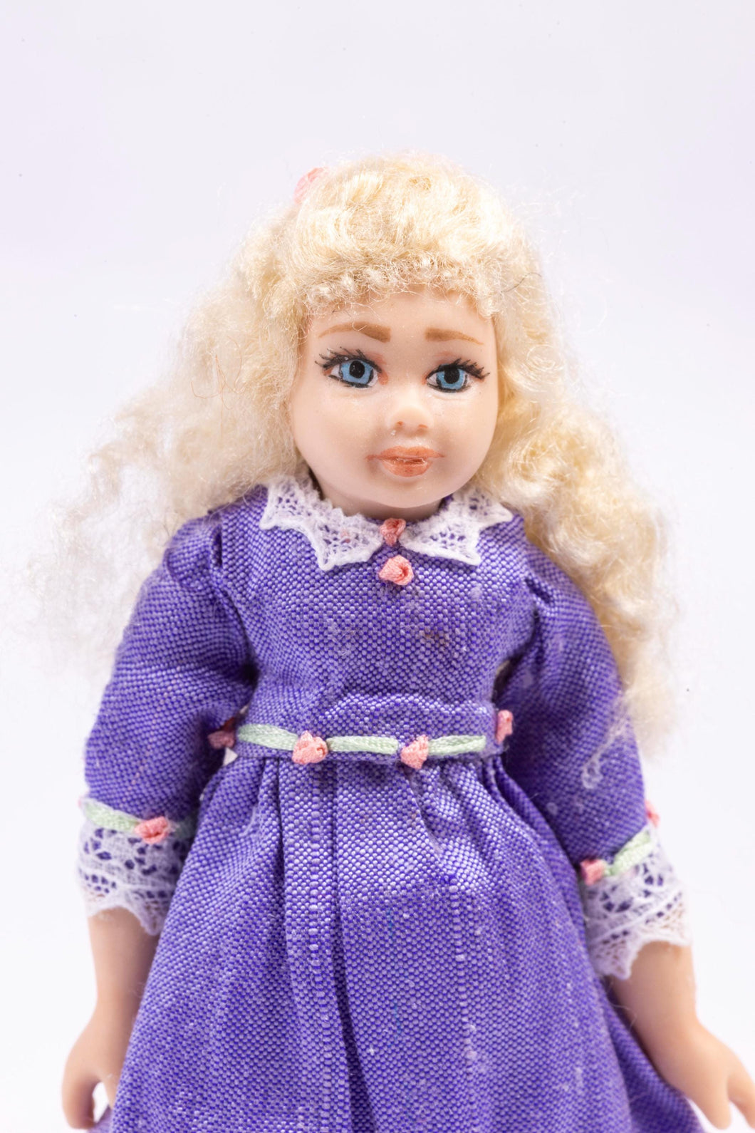 Dollhouse Miniature ~ Long Hair Bleach Blonde Little Girl Doll in Purple Dress with White Lace Collar Debra Hammond Artisan Made