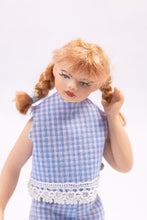 Load image into Gallery viewer, Dollhouse Miniature ~ Pigtails Little Girl Porcelain Doll in Blue Checkered Romper &amp; Sandals Modern Contemporary Artisan Made Cindy Cook
