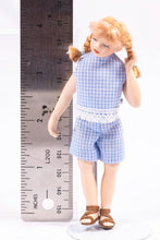 Load image into Gallery viewer, Dollhouse Miniature ~ Pigtails Little Girl Porcelain Doll in Blue Checkered Romper &amp; Sandals Modern Contemporary Artisan Made Cindy Cook
