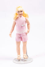 Load image into Gallery viewer, Dollhouse Miniature~ Little Girl Porcelain Doll in Pink Checkered Romper &amp; Sandals Bleach Blonde Modern Contemporary Artisan Made Cindy Cook
