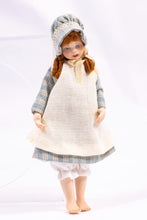 Load image into Gallery viewer, Dollhouse Miniature ~ Red Hair Little Girl Porcelain Doll in Blue Checkered Dress Bonnet &amp; White Apron Artisan Made
