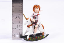 Load image into Gallery viewer, Dollhouse Miniature ~ Little Girl Porcelain Doll Short Red Hair Red Plaid Tartan Dress on Wooden Rocking Horse Artisan Made Irish Scottish
