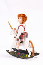 Load image into Gallery viewer, Dollhouse Miniature ~ Little Girl Porcelain Doll Short Red Hair Red Plaid Tartan Dress on Wooden Rocking Horse Artisan Made Irish Scottish
