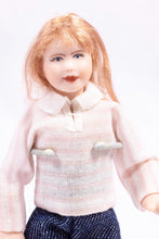 Load image into Gallery viewer, Dollhouse Miniature ~ Strawberry Blonde Little Girl Porcelain Doll in Pink Blouse &amp; Blue Jeans Modern Contemporary Artisan Made Cindy Cook
