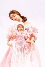 Load image into Gallery viewer, Dollhouse Miniature ~ Brunette Mother &amp; Baby Girl Porcelain Dolls in Pink Nightgown Sitting Debra Hammond Artisan Made Nursery
