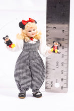 Load image into Gallery viewer, Curly Blonde Hair Little Girl Doll in B&amp;W Checkered Overalls with Mickey Mouse Ears and Toys Artisan Made Pat Melvin

