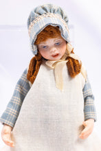 Load image into Gallery viewer, Dollhouse Miniature ~ Red Hair Little Girl Porcelain Doll in Blue Checkered Dress Bonnet &amp; White Apron Artisan Made
