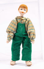 Load image into Gallery viewer, Strawberry Blonde Little Boy Doll in Green Overalls and Checkered Shirt Artisan Made Pat Melvin Modern Contemporary
