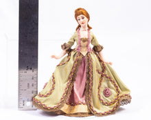 Load image into Gallery viewer, Porcelain Lady Doll in 18th Century Colonial Versailles Olive Green &amp; Pink Dress Gown Debra Hammond Artisan Made
