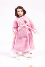 Load image into Gallery viewer, Little Girl Short Hair Porcelain Doll in Pink Bathrobe Pajamas and White Fuzzy Bunny Slippers Artisan Made Cindy Cook
