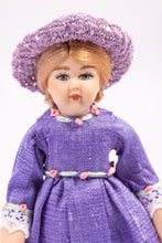 Load image into Gallery viewer, Strawberry Blonde Little Girl Porcelain Doll in Purple Dress &amp; Knitted Hat Debra Hammond Artisan Made
