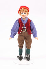 Load image into Gallery viewer, Elf Little Boy Porcelain Doll in Red Hat &amp; Vest with Blue Shirt Artisan Made Debra Hammond Christmas Santa Claus Xmas
