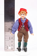 Load image into Gallery viewer, Elf Little Boy Porcelain Doll in Red Hat &amp; Vest with Blue Shirt Artisan Made Debra Hammond Christmas Santa Claus Xmas
