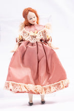 Load image into Gallery viewer, Dollhouse Miniature ~ Victorian Red Hair Porcelain Little Girl Doll in Salmon Pink Dress with Cream Colored Lace and Bow Artisan Made
