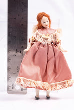 Load image into Gallery viewer, Dollhouse Miniature ~ Victorian Red Hair Porcelain Little Girl Doll in Salmon Pink Dress with Cream Colored Lace and Bow Artisan Made
