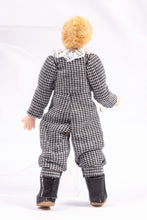 Load image into Gallery viewer, Dollhouse Miniature ~ Little Boy Doll in Black &amp; White Gingham Jacket and Matching Trousers Blonde Hair Pat Melvin Artisan Made
