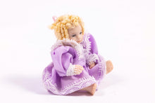 Load image into Gallery viewer, Dollhouse Miniature ~ Baby Girl Porcelain Doll Curly Blonde Hair in Victorian Purple Dress with White Lace Artisan Made Nursery
