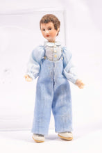 Load image into Gallery viewer, Dollhouse Miniature ~ Porcelain Doll Little Boy in Striped Blue Overalls and Puffed Shirt Artisan Made Pat Melvin
