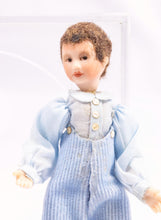 Load image into Gallery viewer, Dollhouse Miniature ~ Porcelain Doll Little Boy in Striped Blue Overalls and Puffed Shirt Artisan Made Pat Melvin
