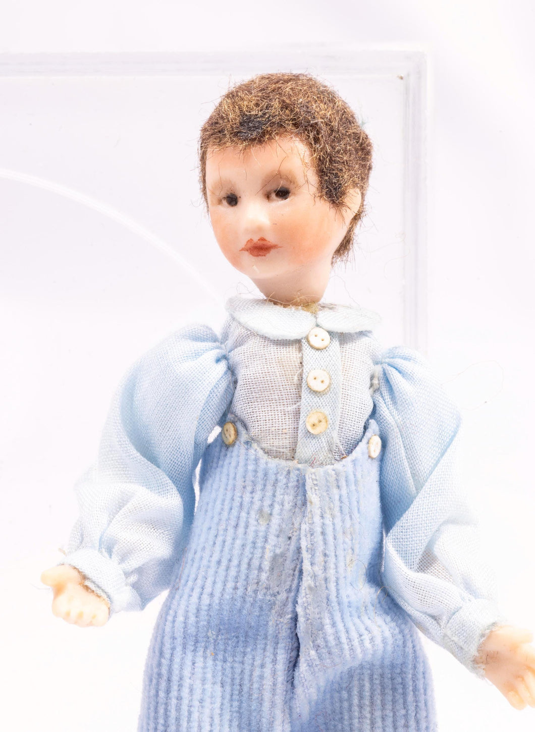 Dollhouse Miniature ~ Porcelain Doll Little Boy in Striped Blue Overalls and Puffed Shirt Artisan Made Pat Melvin