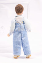 Load image into Gallery viewer, Dollhouse Miniature ~ Porcelain Doll Little Boy in Striped Blue Overalls and Puffed Shirt Artisan Made Pat Melvin
