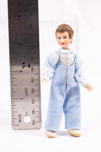 Load image into Gallery viewer, Dollhouse Miniature ~ Porcelain Doll Little Boy in Striped Blue Overalls and Puffed Shirt Artisan Made Pat Melvin
