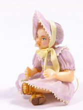 Load image into Gallery viewer, Dollhouse Miniature ~ Hand Sculpted Doll Baby Girl in Purple Dress &amp; Bonnet with Yellow Bow and Binky Artisan Made Victorian Nursery
