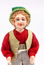 Load image into Gallery viewer, Christmas Elf Porcelain Doll in Red shirt, Gray Pants, &amp; Green Hat Debra Hammond Artisan Made Santa Claus Xmas
