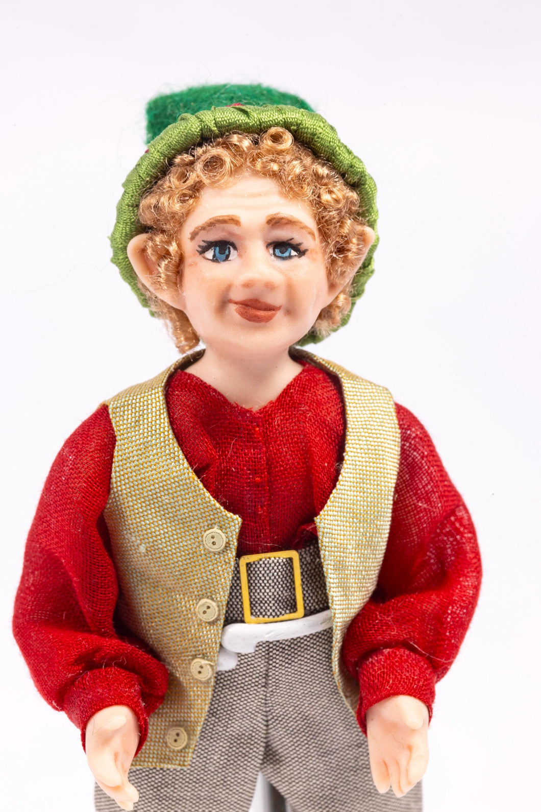 Christmas Elf Porcelain Doll in Red shirt, Gray Pants, & Green Hat Debra Hammond Artisan Made Santa Claus Xmas