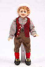 Load image into Gallery viewer, Christmas Elf Porcelain Doll Blonde Hair in Checkered Shirt, Red Vest and Hat, Brown Pants Artisan Made Debra Hammond
