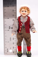Load image into Gallery viewer, Christmas Elf Porcelain Doll Blonde Hair in Checkered Shirt, Red Vest and Hat, Brown Pants Artisan Made Debra Hammond
