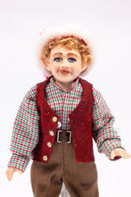 Load image into Gallery viewer, Christmas Elf Porcelain Doll Blonde Hair in Checkered Shirt, Red Vest and Hat, Brown Pants Artisan Made Debra Hammond
