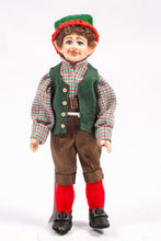 Load image into Gallery viewer, Porcelain Doll Christmas Elf in Green Hat and Vest, Checkered Shirt, Red Socks Artisan Made Debra Hammond Santa Claus
