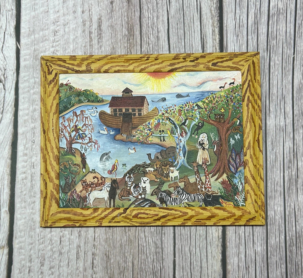 Dollhouse Miniature ~ Signed “Patricia Paul 2000” Artisan Made Painting of Noah’s Ark with Animals Acrylic on Canvas, Wooden Frame